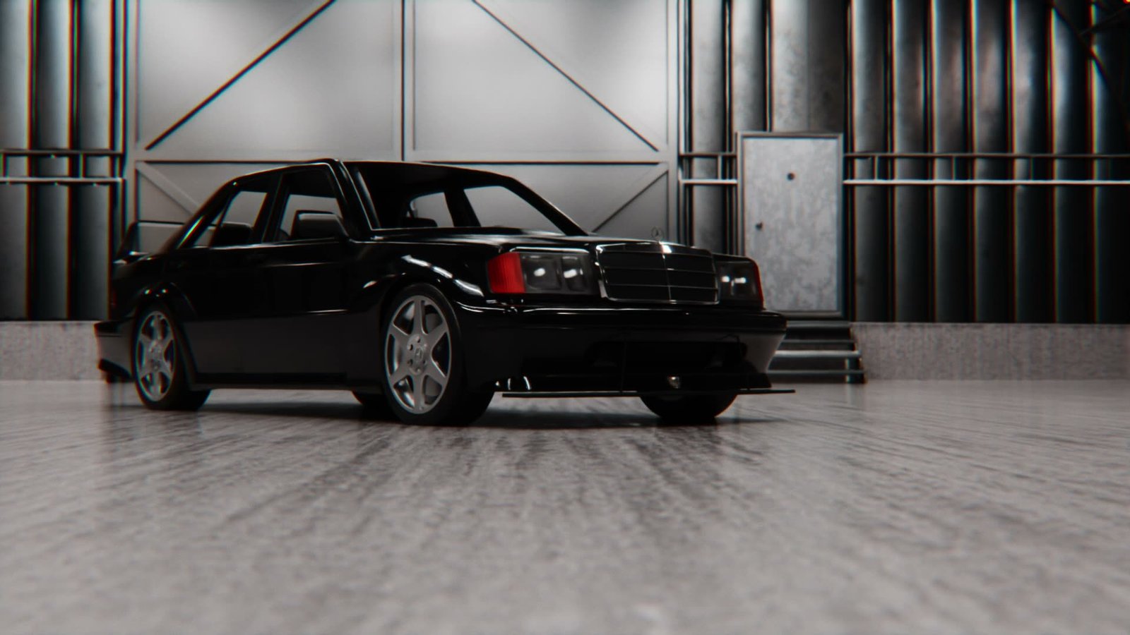 A black Mercedes 190E lit in a garage, the camera moving around it in one continuous take and settling back on the frame it opened on