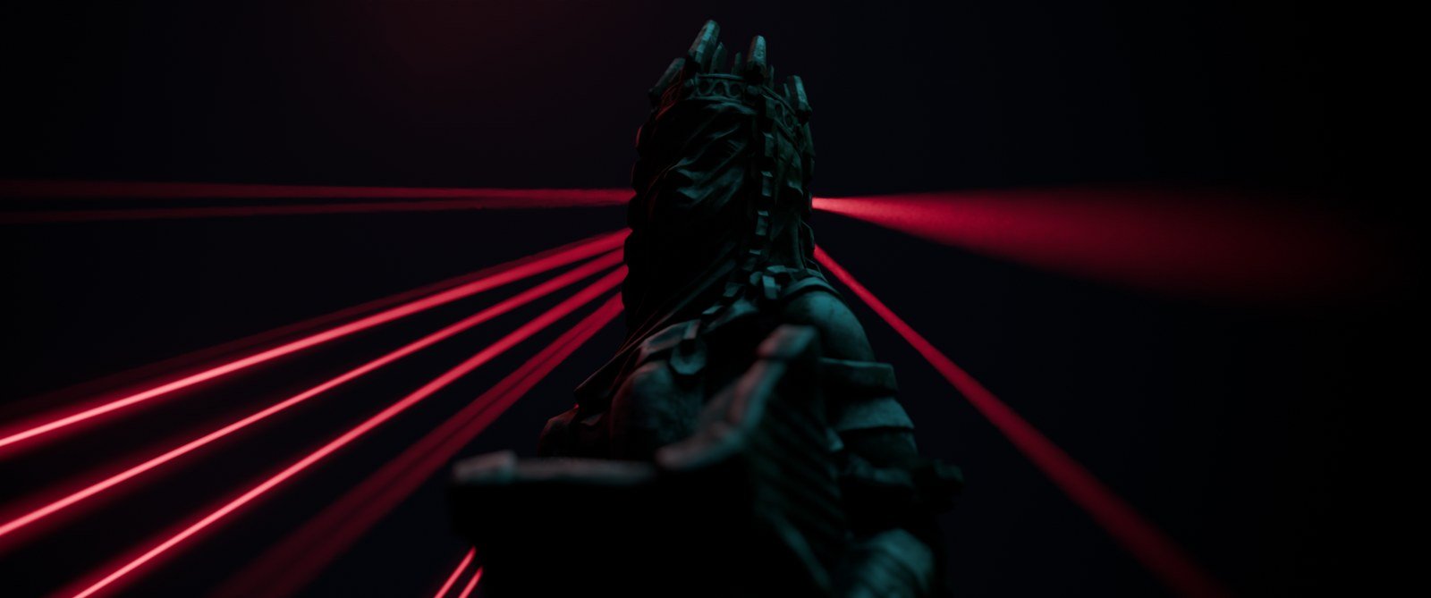 Red laser beams fanning past a dark statue, each shaft crisp in the air