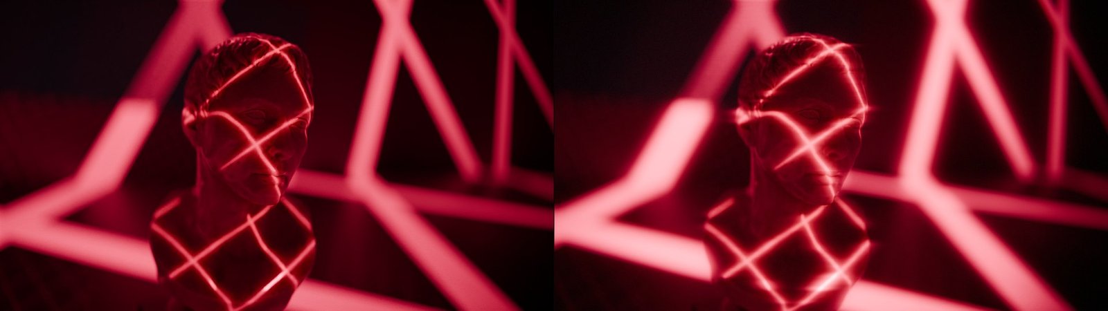 The same render twice: clean out of Cycles on the left, with bloom, halation and grain on the right