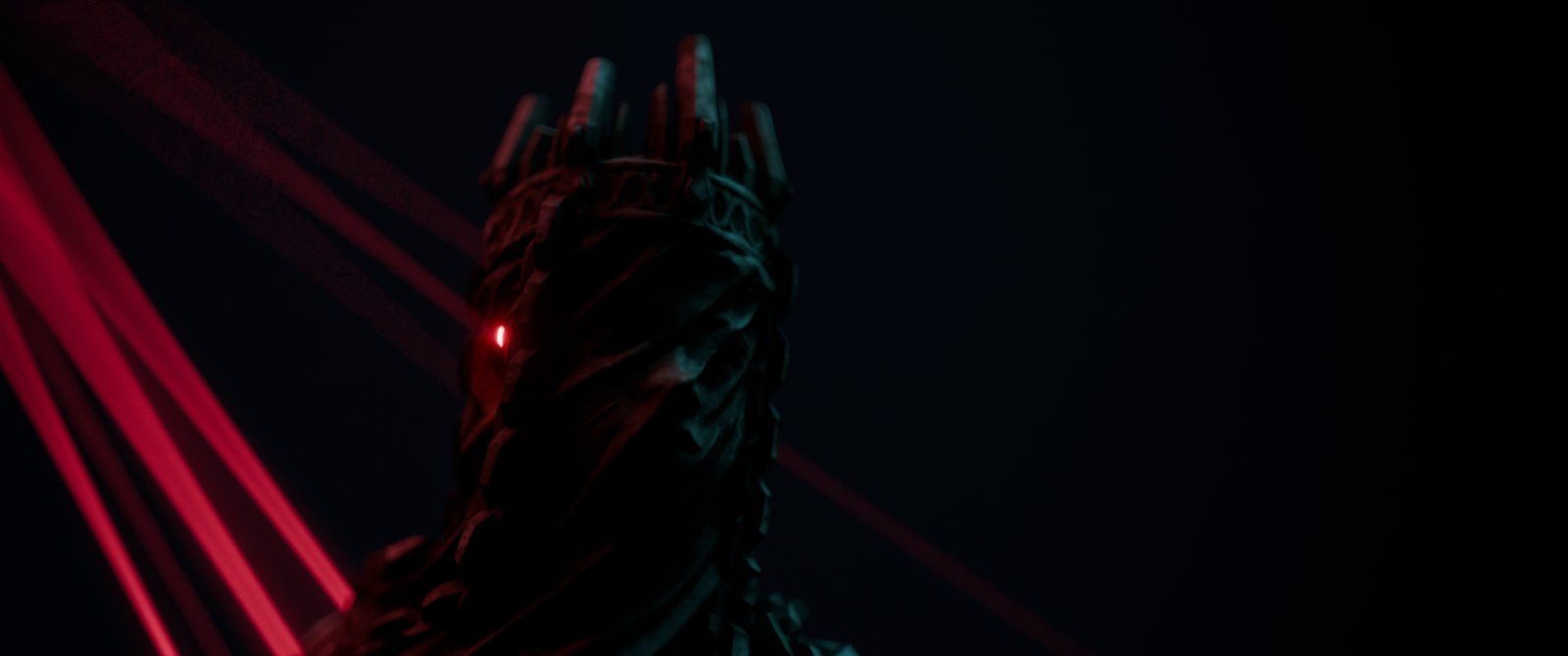 A close crop of the same figure with red beams converging past it