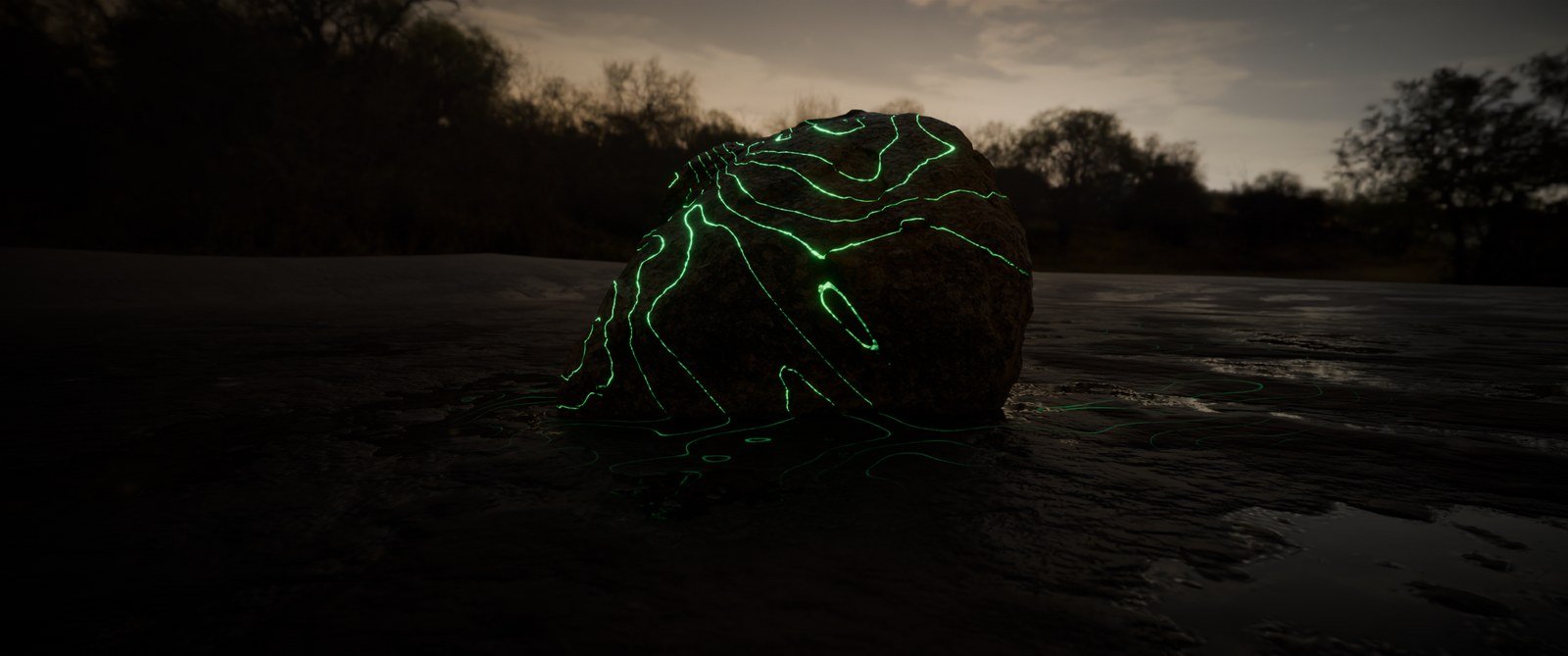 A boulder in a dark field mapped with glowing green contour lines that follow its surface