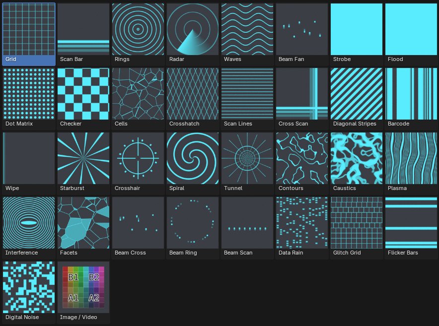 The add-on’s preset picker: 34 named pattern thumbnails in a grid
