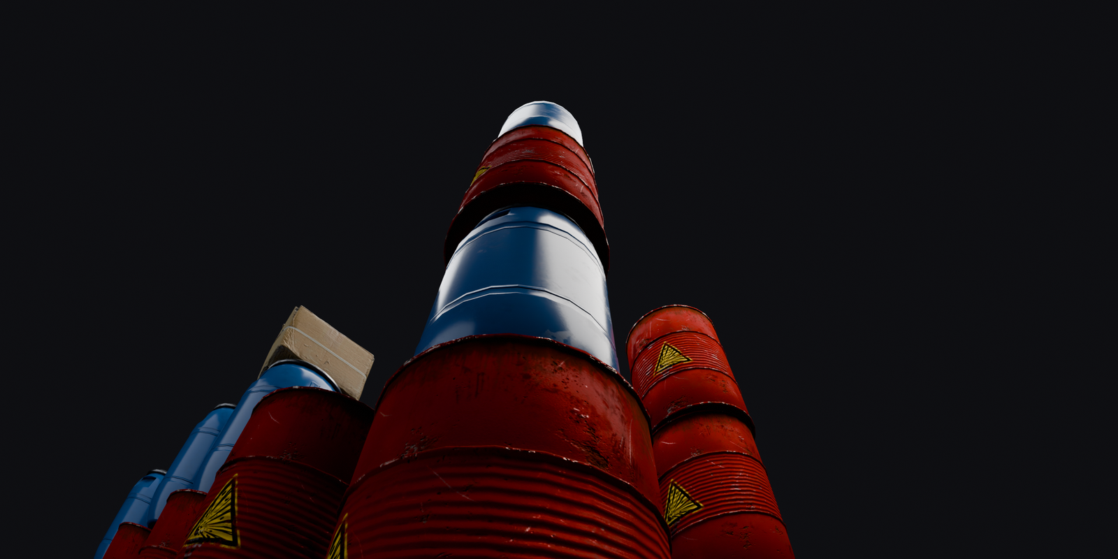 Low angle wide shot looking up three towers of oil drums stacked eleven high